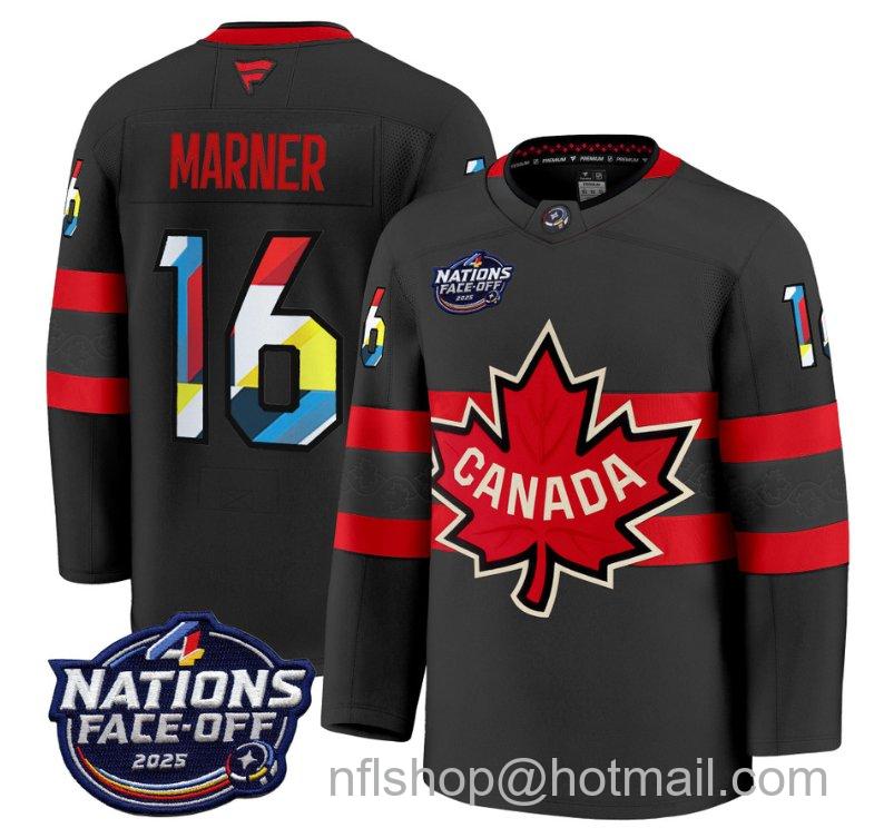 Men's Canada #16 Mitch Marner V2 Black 4 Nations Face-Off 2025 Stitched Hockey Jersey