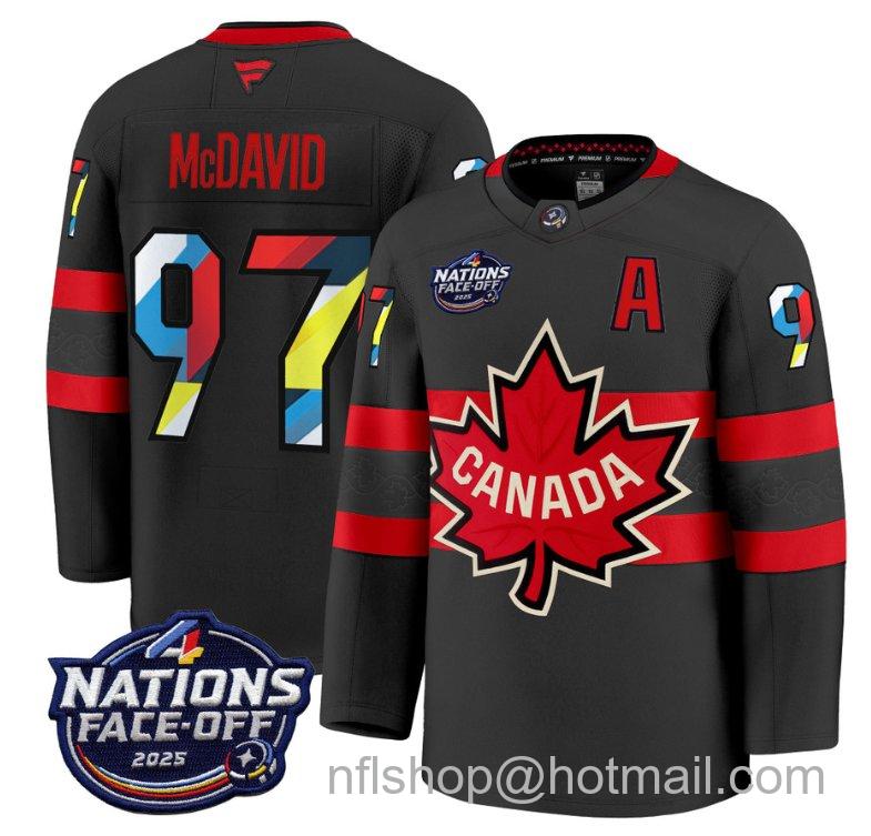 Men's Canada #97 Connor McDavid V2 Black 4 Nations Face-Off 2025 Stitched Hockey Jersey