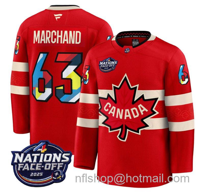 Men's Canada #63 Brad Marchand V2 Red 4 Nations Face-Off 2025 Stitched Hockey Jersey