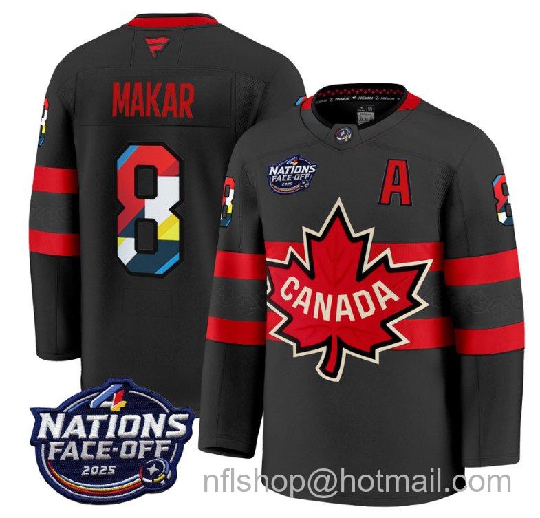 Men's Canada #8 Cale Makar V2 Black 4 Nations Face-Off 2025 Stitched Hockey Jersey