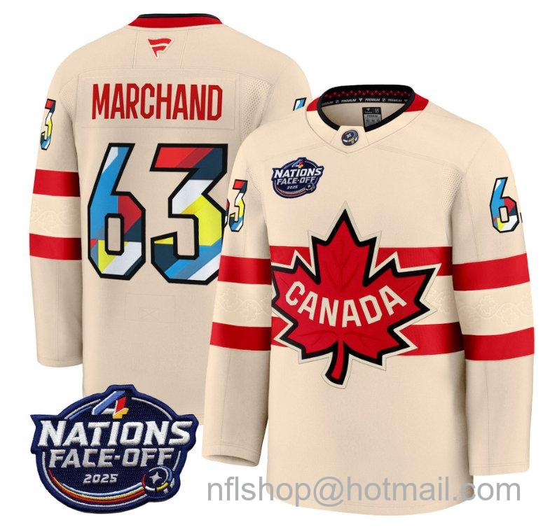Men's Canada #63 Brad Marchand V2 Cream 4 Nations Face-Off 2025 Stitched Hockey Jersey