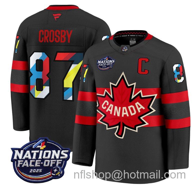 Men's Canada #87 Sidney Crosby V2 Black 4 Nations Face-Off 2025 Stitched Hockey Jersey