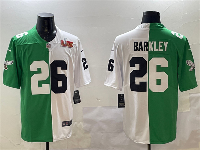 Men's Philadelphia Eagles #26 Saquon Barkley Green/White Split 2025 Super Bowl LIX Patch Vapor Untouchable Limited Stitched Football Jersey