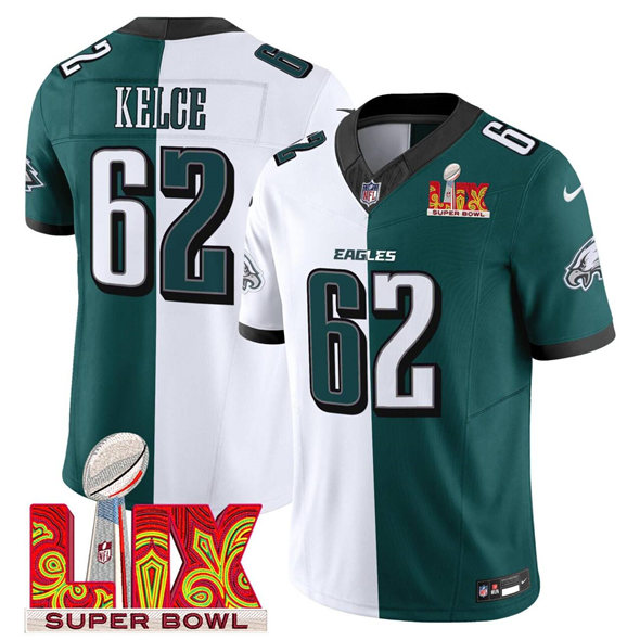 Men's Philadelphia Eagles #62 Jason Kelce White/Green Split 2025 Super Bowl LIX Patch F.U.S.E. Vapor Untouchable Limited Stitched Football Jersey