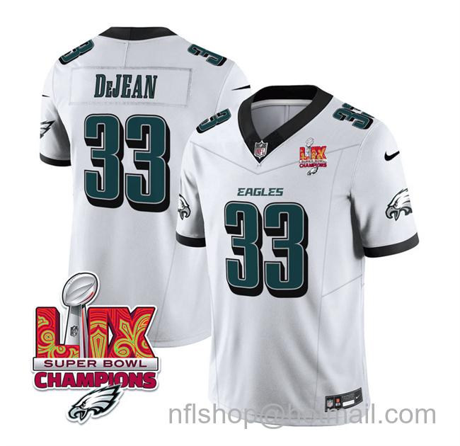 Men's Philadelphia Eagles #33 Cooper DeJean White 2025 Eagles Logo Super Bowl LIX Champions Patch New F.U.S.E. Vapor Untouchable Limited Stitched Football Jersey