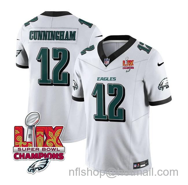 Men's Philadelphia Eagles #12 Randall Cunningham White 2025 Eagles Logo Super Bowl LIX Champions Patch New F.U.S.E. Vapor Limited Stitched Football Jersey