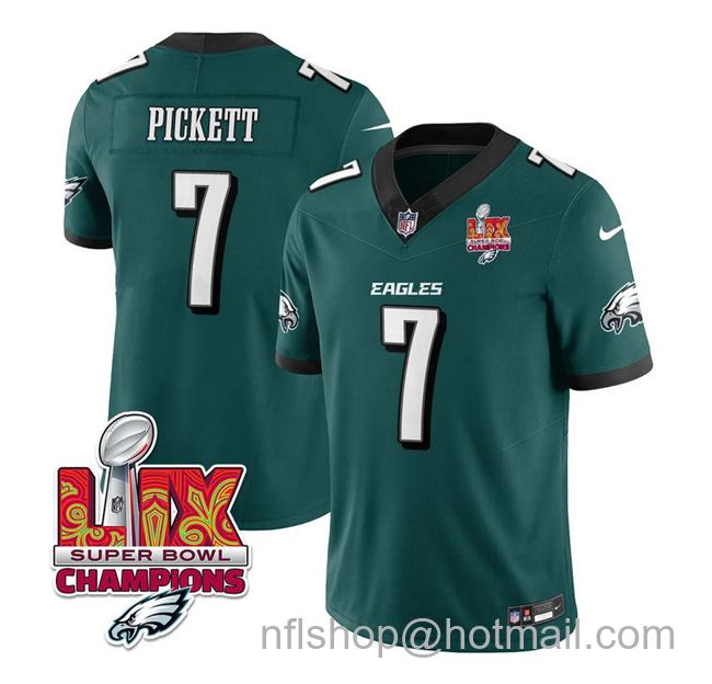 Men's Philadelphia Eagles #7 Kenny Pickett Green 2025 Eagles Logo Super Bowl LIX Champions Patch New F.U.S.E. Vapor Limited Stitched Football Jersey
