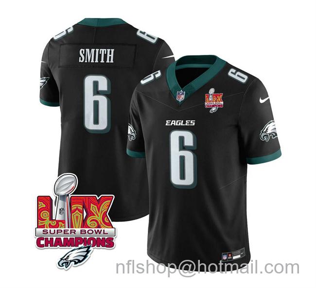 Men's Philadelphia Eagles #6 DeVonta Smith Black 2025 Eagles Logo Super Bowl LIX Champions Patch New F.U.S.E. Vapor Limited Stitched Football Jersey