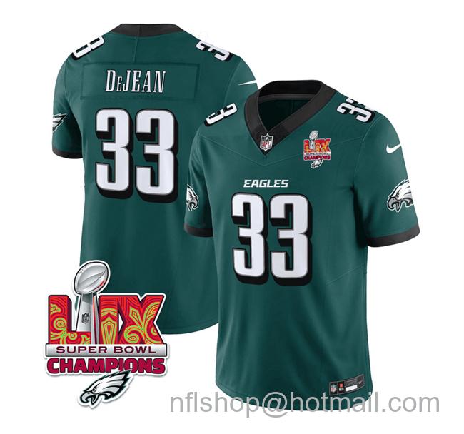 Men's Philadelphia Eagles #33 Cooper DeJean Green 2025 Eagles Logo Super Bowl LIX Champions Patch New F.U.S.E. Vapor Untouchable Limited Stitched Football Jersey