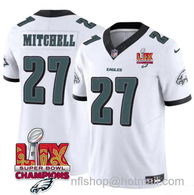 Men's Philadelphia Eagles #27 Quinyon Mitchell White 2025 Eagles Logo Super Bowl LIX Champions Patch New F.U.S.E. Vapor Limited Stitched Football Jersey