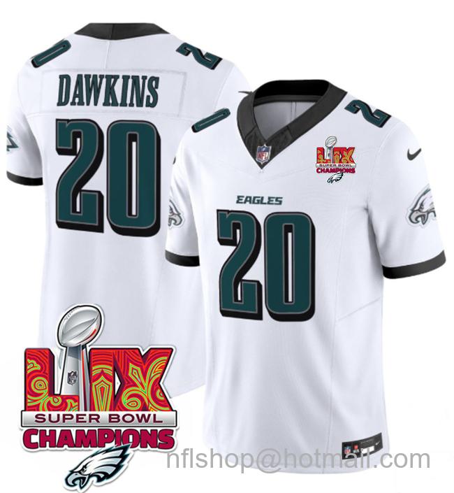 Men's Philadelphia Eagles #20 Brian Dawkins White 2025 Eagles Logo Super Bowl LIX Champions Patch New F.U.S.E. Vapor Limited Stitched Football Jersey