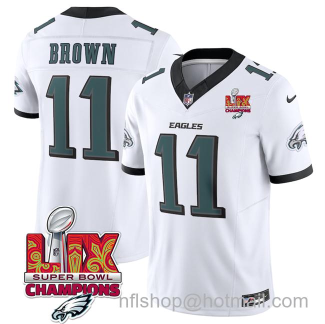 Men's Philadelphia Eagles #11 A.J. Brown White 2025 Eagles Logo Super Bowl LIX Champions Patch New F.U.S.E. Vapor Untouchable Limited Stitched Football Jersey