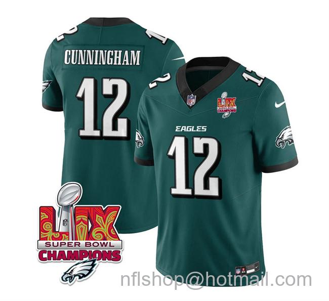 Men's Philadelphia Eagles #12 Randall Cunningham Green 2025 Eagles Logo Super Bowl LIX Champions Patch New F.U.S.E. Vapor Limited Stitched Football Jersey