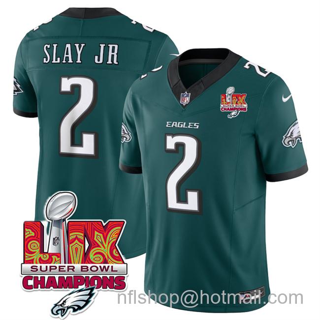 Men's Philadelphia Eagles #2 Darius Slay JR Green 2025 Eagles Logo Super Bowl LIX Champions Patch New F.U.S.E. Vapor Limited Stitched Football Jersey