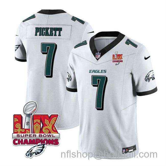 Men's Philadelphia Eagles #7 Kenny Pickett White 2025 Eagles Logo Super Bowl LIX Champions Patch New F.U.S.E. Vapor Limited Stitched Football Jersey