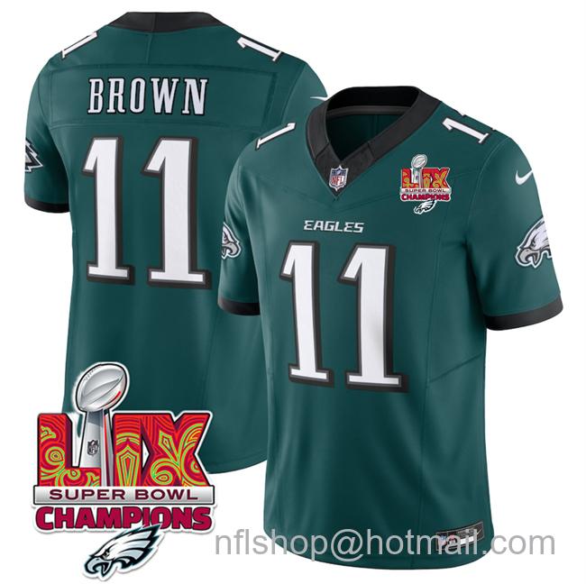 Men's Philadelphia Eagles #11 A.J. Brown Green 2025 Eagles Logo Super Bowl LIX Champions Patch New F.U.S.E. Vapor Untouchable Limited Stitched Football Jersey