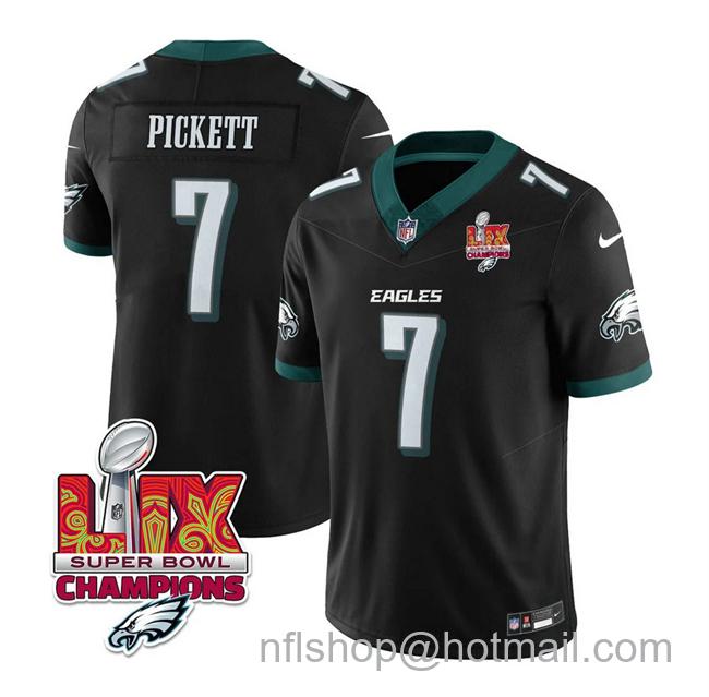 Men's Philadelphia Eagles #7 Kenny Pickett Black 2025 Eagles Logo Super Bowl LIX Champions Patch New F.U.S.E. Vapor Limited Stitched Football Jersey