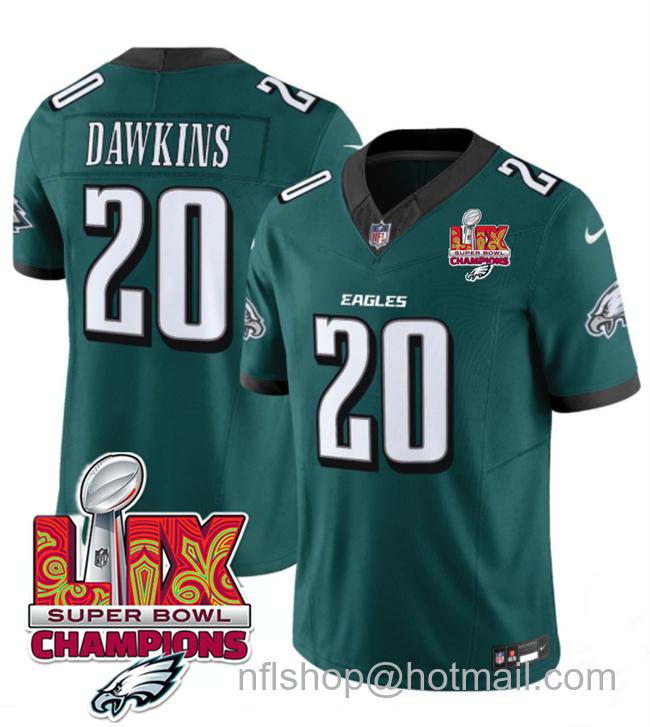 Men's Philadelphia Eagles #20 Brian Dawkins Green 2025 Eagles Logo Super Bowl LIX Champions Patch New F.U.S.E. Vapor Limited Stitched Football Jersey