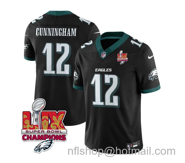 Men's Philadelphia Eagles #12 Randall Cunningham Black 2025 Eagles Logo Super Bowl LIX Champions Patch New F.U.S.E. Vapor Limited Stitched Football Jersey