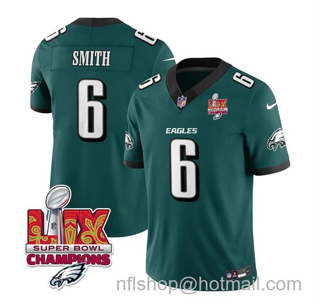 Men's Philadelphia Eagles #6 DeVonta Smith Green 2025 Eagles Logo Super Bowl LIX Champions Patch New F.U.S.E. Vapor Limited Stitched Football Jersey