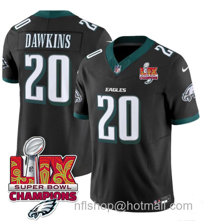 Men's Philadelphia Eagles #20 Brian Dawkins Black 2025 Eagles Logo Super Bowl LIX Champions Patch New F.U.S.E. Vapor Limited Stitched Football Jersey