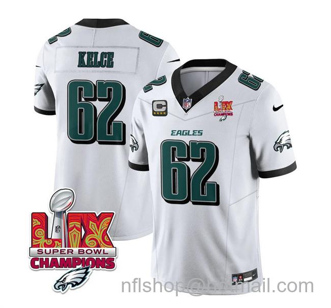 Men's Philadelphia Eagles #62 Jason Kelce White 2025 Eagles Logo Super Bowl LIX Champions Patch And 4-Star C Patch New F.U.S.E. Vapor Limited Stitched Football Jersey