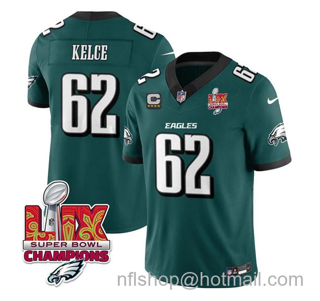Men's Philadelphia Eagles #62 Jason Kelce Green 2025 Eagles Logo Super Bowl LIX Champions Patch And 4-Star C Patch New F.U.S.E. Vapor Limited Stitched Football Jersey