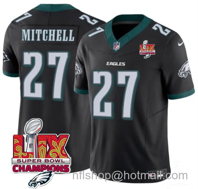 Men's Philadelphia Eagles #27 Quinyon Mitchell Black 2025 Eagles Logo Super Bowl LIX Champions Patch New F.U.S.E. Vapor Untouchable Limited Stitched Football Jersey