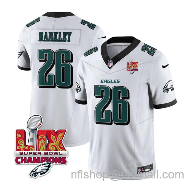 Men's Philadelphia Eagles #26 Saquon Barkley White 2025 Eagles Logo Super Bowl LIX Champions Patch New F.U.S.E. Vapor Untouchable Limited Stitched Football Jersey