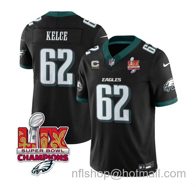Men's Philadelphia Eagles #62 Jason Kelce Black 2025 Eagles Logo Super Bowl LIX Champions Patch And 4-Star C Patch New F.U.S.E. Vapor Limited Stitched Football Jersey