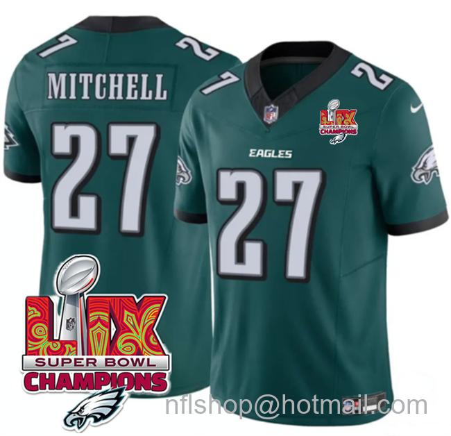 Men's Philadelphia Eagles #27 Quinyon Mitchell Green 2025 Eagles Logo Super Bowl LIX Champions Patch New F.U.S.E. Vapor Untouchable Limited Stitched Football Jersey
