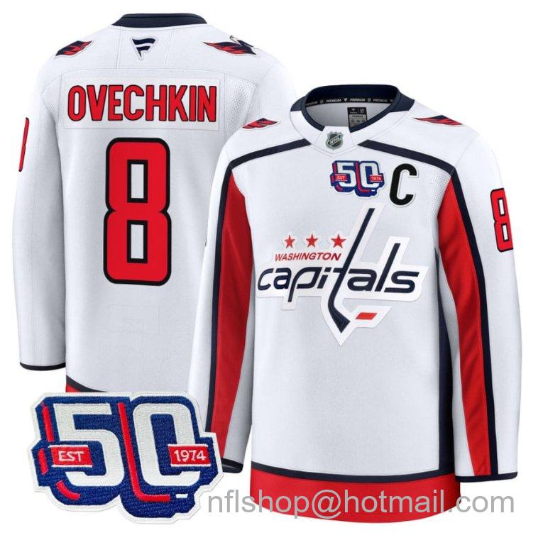 Men's Washington Capitals Alex Ovechkin #8 50th Anniversary White Stitched Hockey Jersey