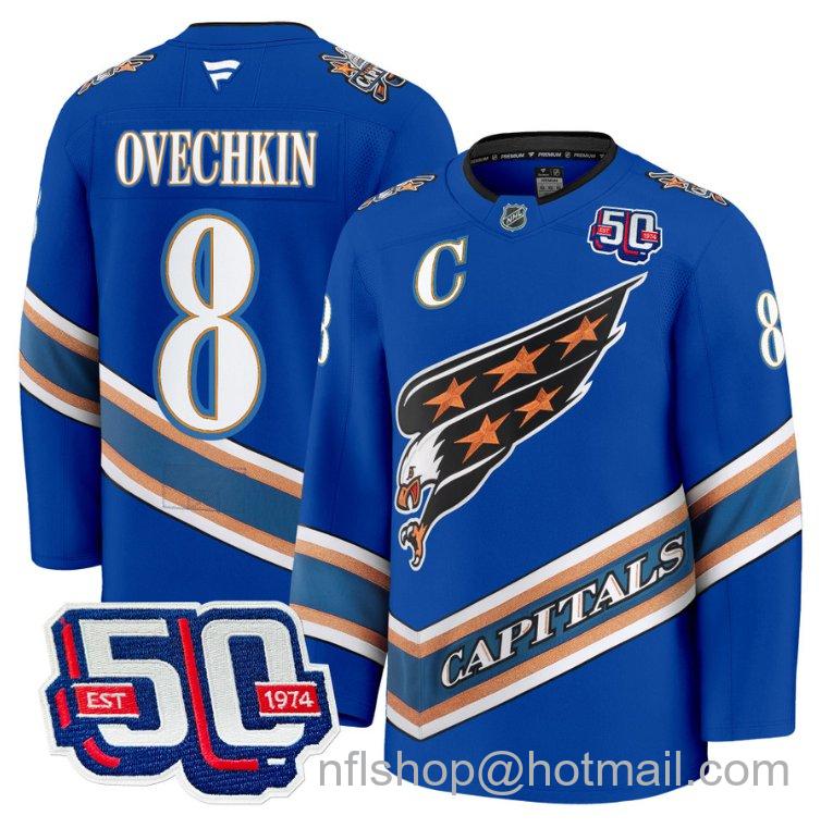 Men's Washington Capitals Alex Ovechkin #8 Screaming Eagle 50th Anniversary Royal Stitched Hockey Jersey