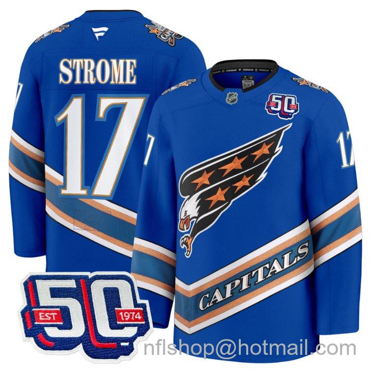 Men's Washington Capitals Dylan Strome #17 Screaming Eagle 50th Anniversary Royal Stitched Hockey Jersey