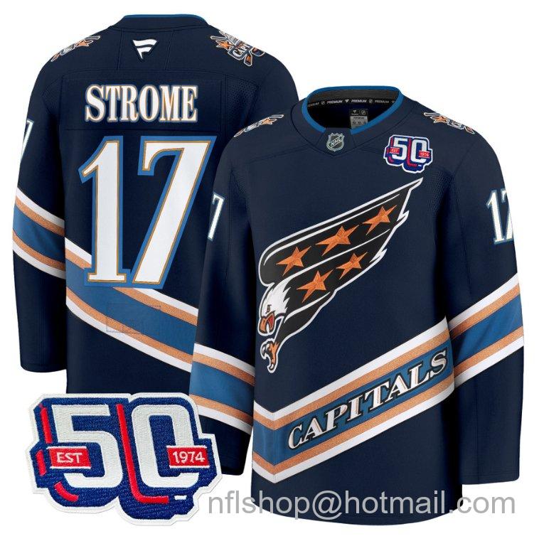 Men's Washington Capitals Dylan Strome #17 Screaming Eagle 50th Anniversary Navy Stitched Hockey Jersey