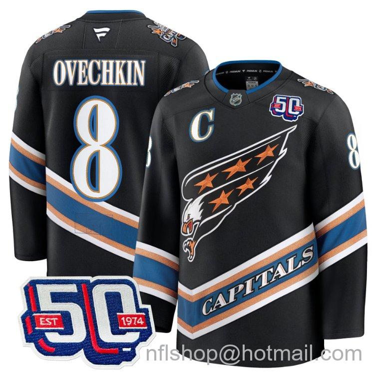 Men's Washington Capitals Alex Ovechkin #8 Screaming Eagle 50th Anniversary Black Stitched Hockey Jersey