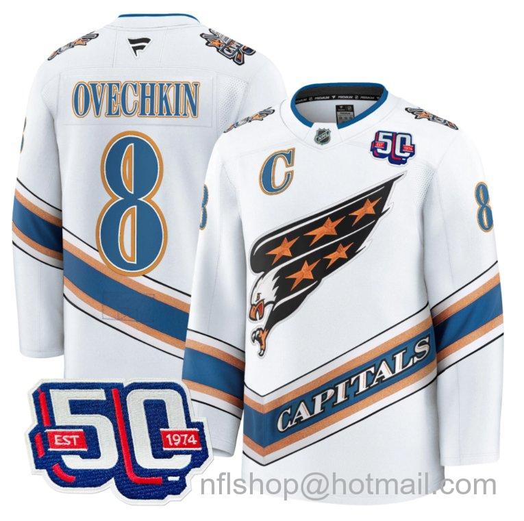 Men's Washington Capitals Alex Ovechkin #8 Screaming Eagle 50th Anniversary White Stitched Hockey Jersey