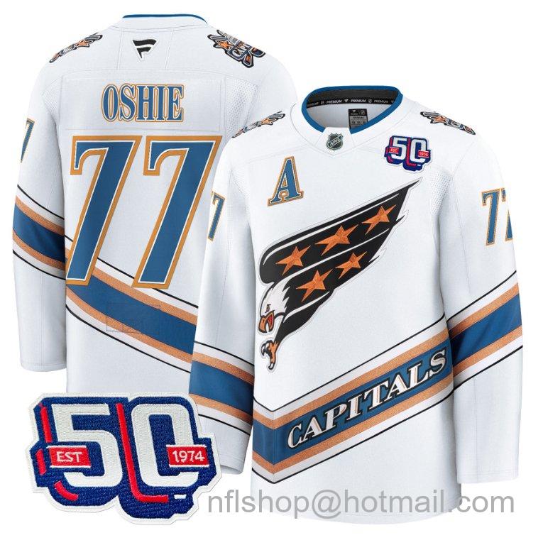 Men's Washington Capitals TJ Oshie #77 Screaming Eagle 50th Anniversary White Stitched Hockey Jersey