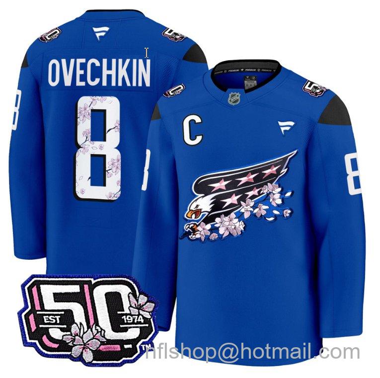 Men's Washington Capitals Alex Ovechkin #8 Screaming Eagle 50th Anniversary Royal Stitched Hockey Jersey