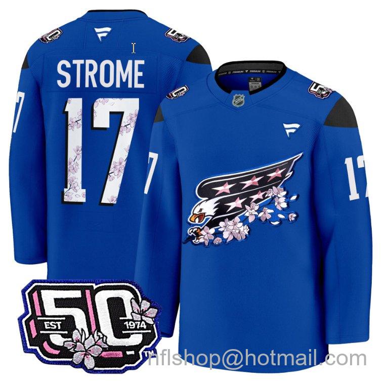 Men's Washington Capitals Dylan Strome #17 Screaming Eagle 50th Anniversary Royal Stitched Hockey Jersey