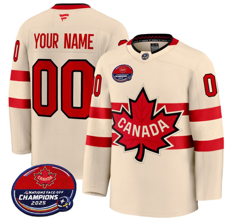 Men's Canada Custom Cream 4 Nations Face-Off 2025 Champions V2 Stitched Hockey Jersey Men's Canada Custom Cream 4 Nations Face-Off 2025 Champions V2 Stitched Hockey Jersey