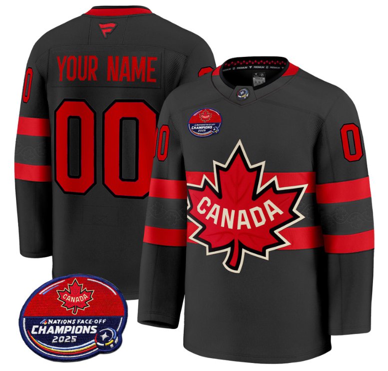 Men's Canada Custom Black 4 Nations Face-Off 2025 Champions V2 Stitched Hockey Jersey Men's Canada Custom Black 4 Nations Face-Off 2025 Champions V2 Stitched Hockey Jersey