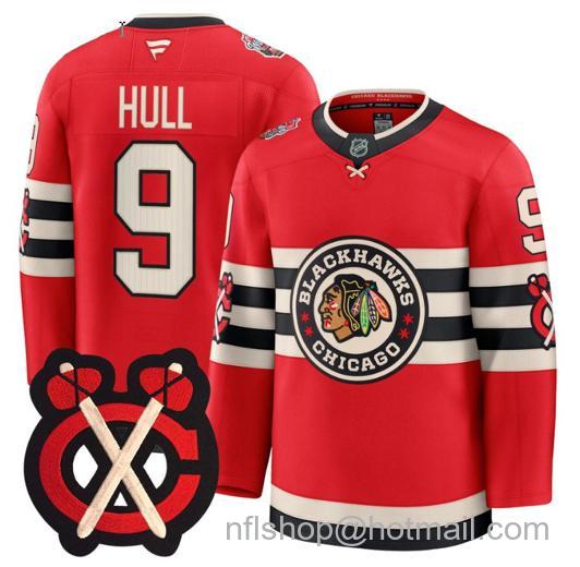 Men's Chicago Blackhawks Bobby Hull #9 Winter Classic Patch Red Stitched Jersey