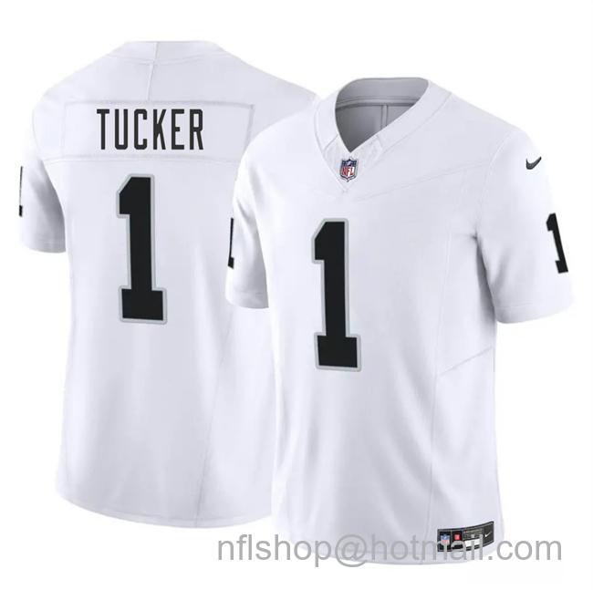 Men's Las Vegas Raiders #1 Tre Tucker White 2025 F.U.S.E. Vapor Stitched Football Jersey