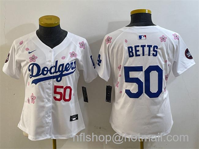 Women's Los Angeles Dodgers #50 Mookie Betts White 2025 Tokyo Series Limited Stitched Baseball Jersey