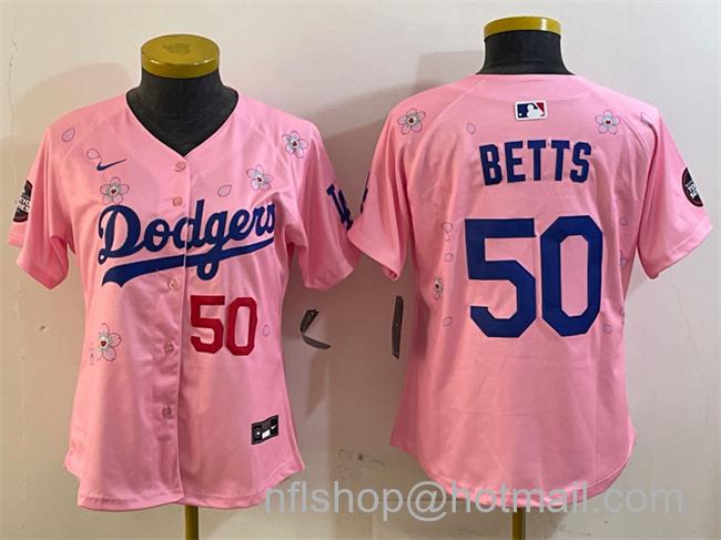 Women's Los Angeles Dodgers #50 Mookie Betts Pink 2025 Tokyo Series Limited Stitched Baseball Jersey