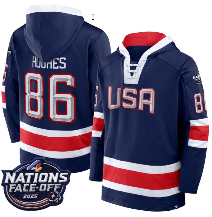 Men's Jack Hughes Hoodie #86 USA 4 Nations Face-Off 2025 Pullover Stitched