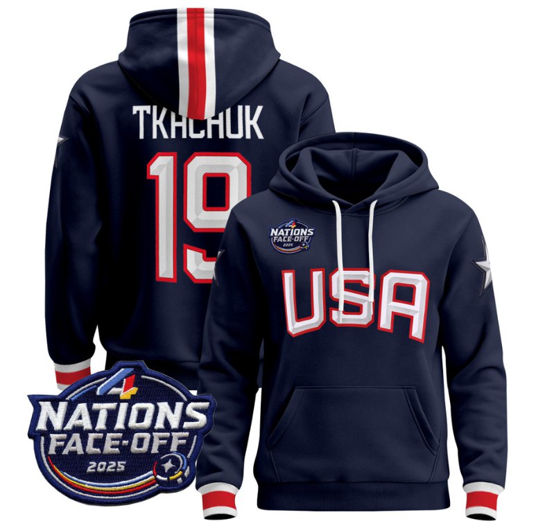 Men's Matthew Tkachuk Hoodie #19 USA 4 Nations Face-Off 2025 Pullover Navy