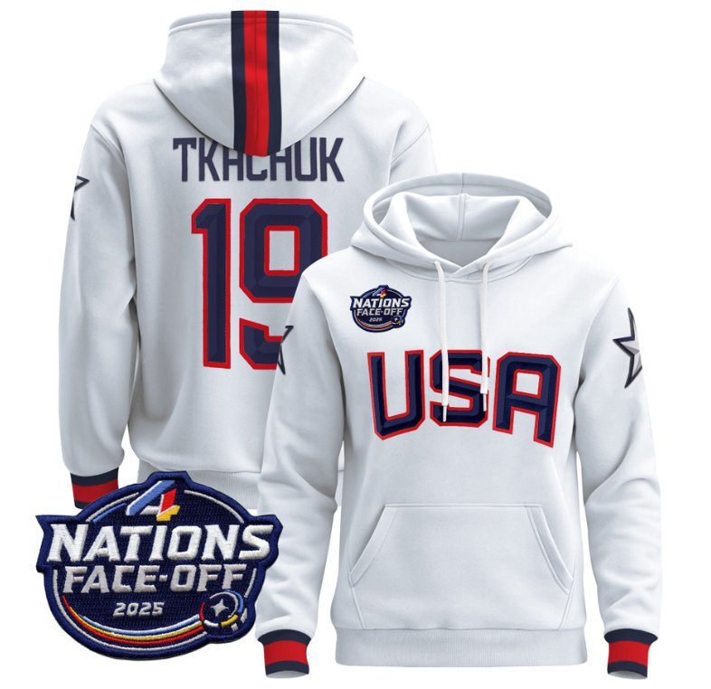 Men's Matthew Tkachuk Hoodie #19 USA 4 Nations Face-Off 2025 Pullover White
