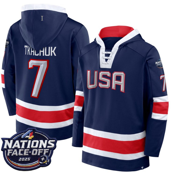 Men's Brady Tkachuk Hoodie #7 USA 4 Nations Face-Off 2025 Pullover Stitched